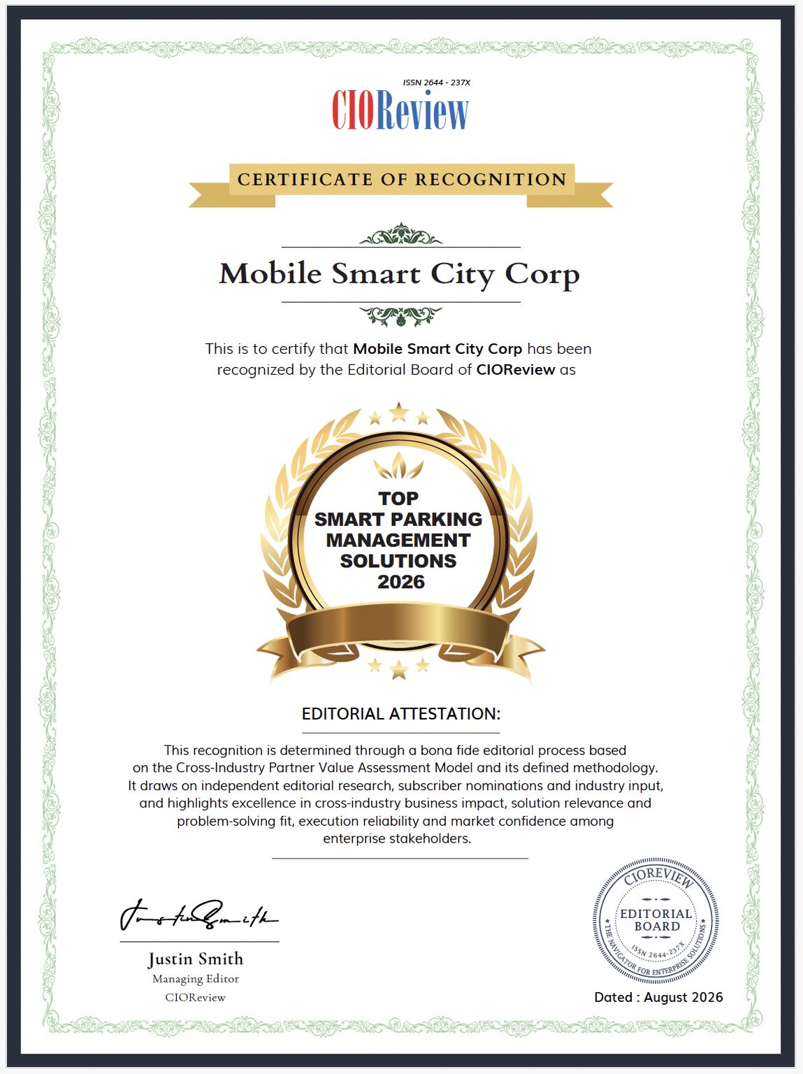 Recognized. 🏆 CIOReview has named MOBILE SMART CITY PANGO 🇺🇲 the Top Smart Parking…